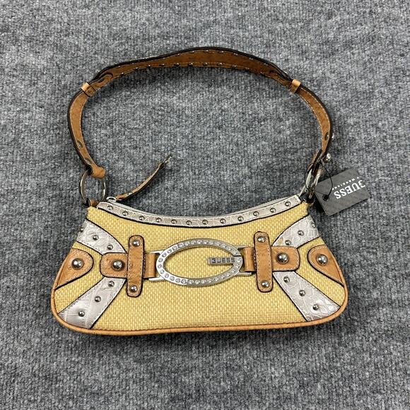 Vintage Guess Raffia Shoulder Bag Yellow Baguette Rhinestone Y2K 90s 2000s - Picture 1 of 14